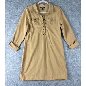 Lauren Ralph Lauren Dress Womens Large Beige Lace Up Roll Tab Sleeve Safari